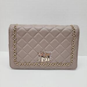 Badgley Mischka Taupe Big Diamond Quilted Braided Gold Chain Crossbody Bag Vegan